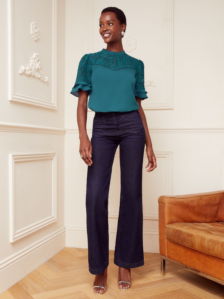 Love & Roses Teal Lace Mix Yoke High Neck Ruffle Sleeve Top - Image 3 of 4