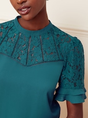 Love & Roses Teal Lace Mix Yoke High Neck Ruffle Sleeve Top - Image 4 of 4