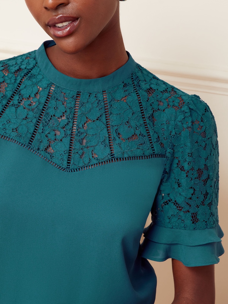 Love & Roses Teal Lace Mix Yoke High Neck Ruffle Sleeve Top - Image 4 of 4