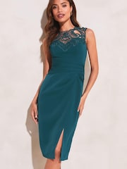 Lipsy Teal Artwork Lace Ruched Bodycon Dress - Image 1 of 4
