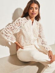 Lipsy White Premium Cutwork Lace Grandad Collar Button Through Shirt - Image 1 of 4