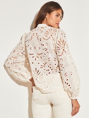 Lipsy White Premium Cutwork Lace Grandad Collar Button Through Shirt - Image 2 of 4