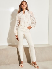 Lipsy White Premium Cutwork Lace Grandad Collar Button Through Shirt - Image 3 of 4
