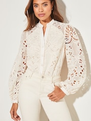 Lipsy White Premium Cutwork Lace Grandad Collar Button Through Shirt - Image 4 of 4