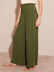 Love & Roses Khaki Green Wide Leg Side Trim Wide Leg Trousers - Image 1 of 4