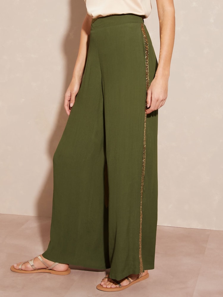 Love & Roses Khaki Green Wide Leg Side Trim Wide Leg Trousers - Image 1 of 4