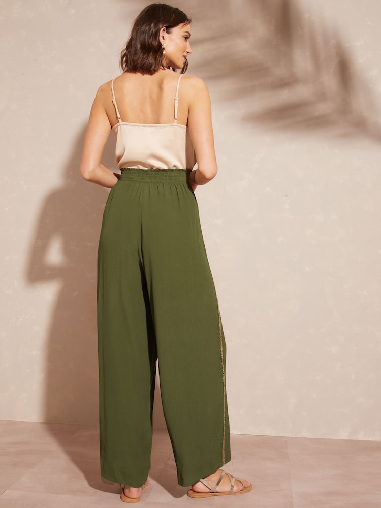 Love & Roses Khaki Green Wide Leg Side Trim Wide Leg Trousers - Image 4 of 4