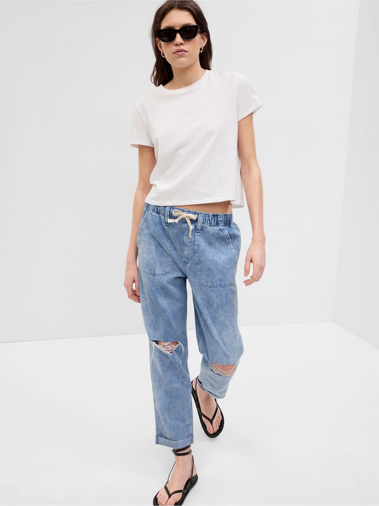Gap Blue Distressed Knee Mid Rise Pull On Easy Jeans - Image 1 of 6