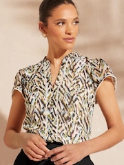 Love & Roses Ivory Animal Dobby Spot Ruffle V Neck Flutter Sleeve Blouse - Image 1 of 4