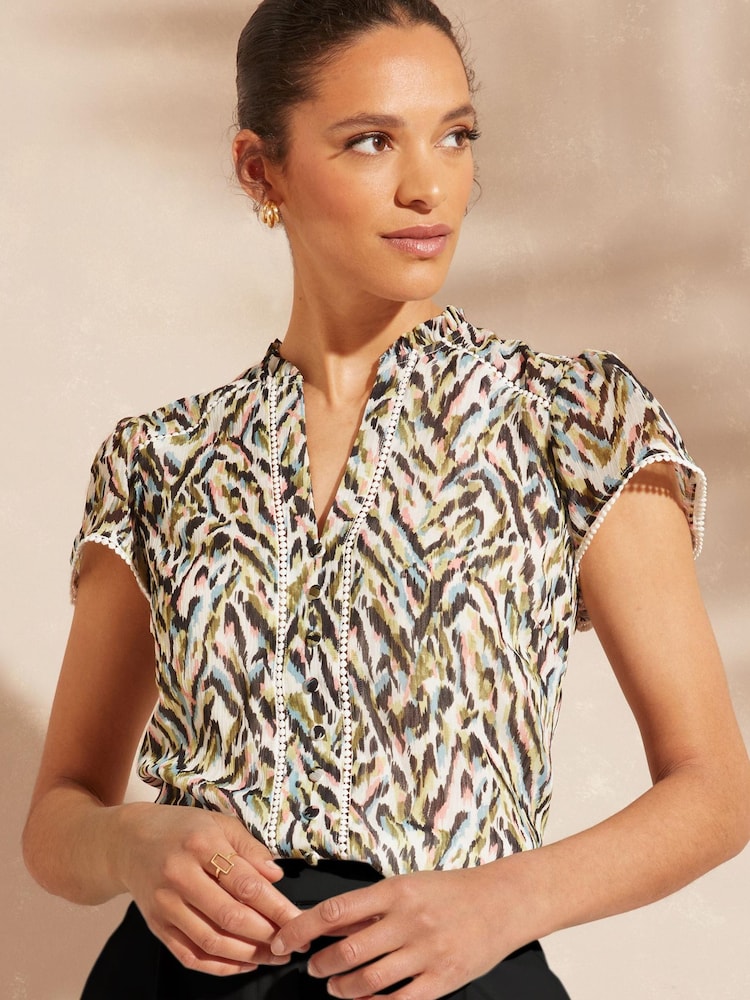 Love & Roses Ivory Animal Dobby Spot Ruffle V Neck Flutter Sleeve Blouse - Image 1 of 4