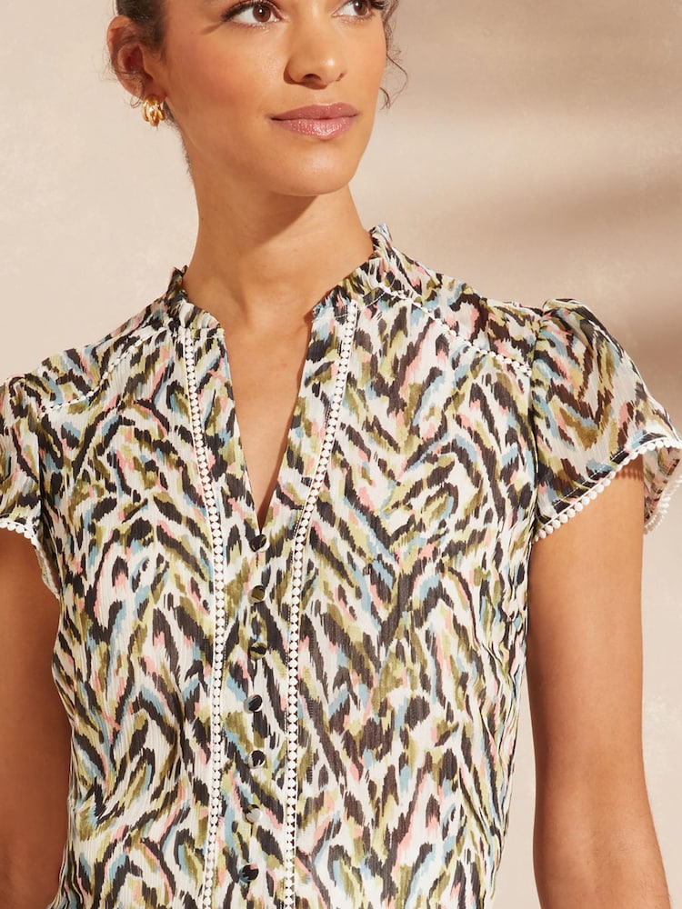 Love & Roses Ivory Animal Dobby Spot Ruffle V Neck Flutter Sleeve Blouse - Image 2 of 4