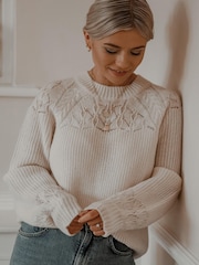 Love & Roses Ivory White Textured Woven Supersoft Knitted Mix Long Sleeve Jumper - Image 1 of 4