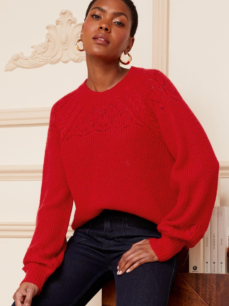 Love & Roses Red Textured Woven Supersoft Knitted Mix Long Sleeve Jumper - Image 1 of 4