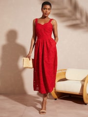 Love & Roses Red Petite Broderie Fit And Flare Cami Midi Dress - Image 4 of 4