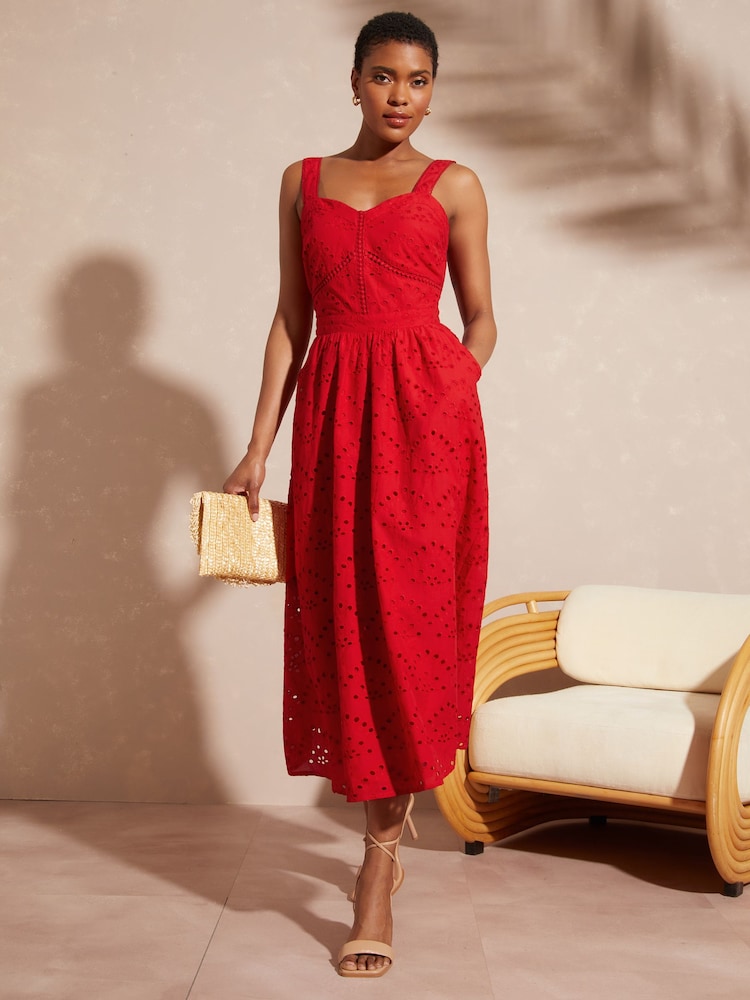 Love & Roses Red Petite Broderie Fit And Flare Cami Midi Dress - Image 4 of 4