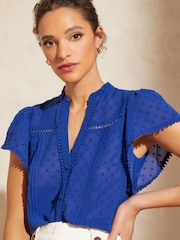 Love & Roses Cobalt Blue Petite Dobby Spot Ruffle V Neck Flutter Sleeve Blouse - Image 1 of 4