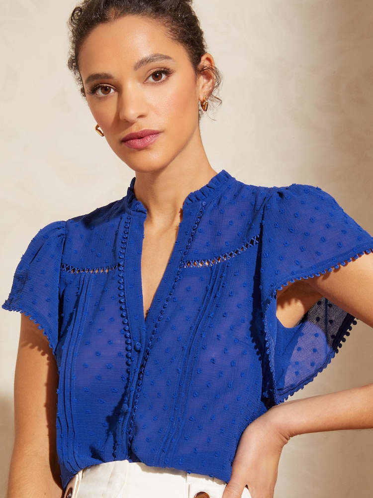 Love & Roses Cobalt Blue Petite Dobby Spot Ruffle V Neck Flutter Sleeve Blouse - Image 1 of 4 Love & Roses Cobalt Blue Petite Dobby Spot Ruffle V Neck Flutter Sleeve Blouse - Image 1 of 4