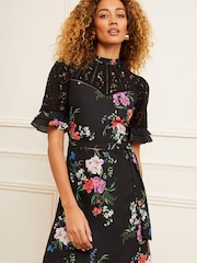Love & Roses Black Floral Petite Lace Mix Yoke High Neck Tier Short Sleeve Belted Mini Dress - Image 1 of 4