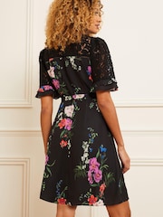Love & Roses Black Floral Petite Lace Mix Yoke High Neck Tier Short Sleeve Belted Mini Dress - Image 3 of 4