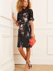 Love & Roses Black Floral Petite Lace Mix Yoke High Neck Tier Short Sleeve Belted Mini Dress - Image 4 of 4