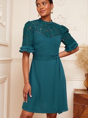 Love & Roses Teal Lace Mix Yoke High Neck Tier Short Sleeve Belted Mini Dress - Image 1 of 4