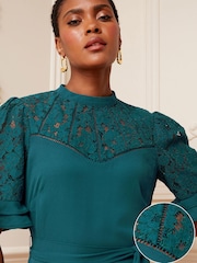Love & Roses Teal Lace Mix Yoke High Neck Tier Short Sleeve Belted Mini Dress - Image 2 of 4