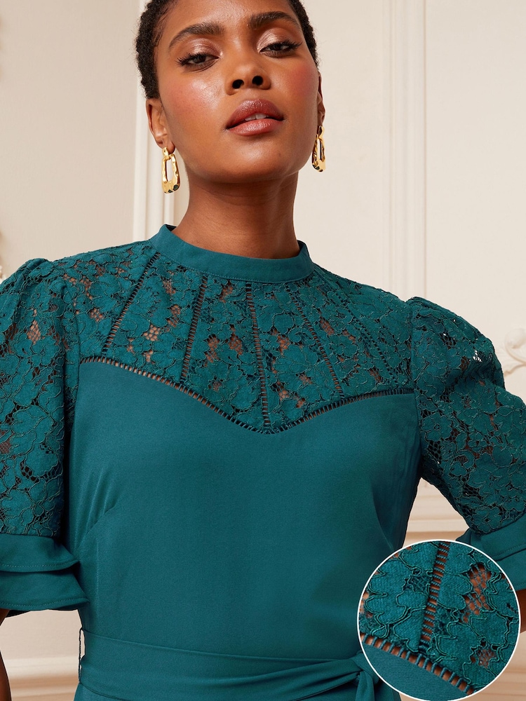 Love & Roses Teal Lace Mix Yoke High Neck Tier Short Sleeve Belted Mini Dress - Image 2 of 4