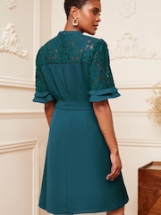 Love & Roses Teal Lace Mix Yoke High Neck Tier Short Sleeve Belted Mini Dress - Image 3 of 4