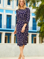Sosandar Blue Spot Ruched Waist Midi Dress - Image 1 of 6