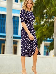 Sosandar Blue Spot Ruched Waist Midi Dress - Image 6 of 6