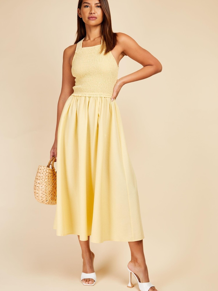 Little Mistress Yellow Butter Shirred Midaxi Dress - Image 1 of 4