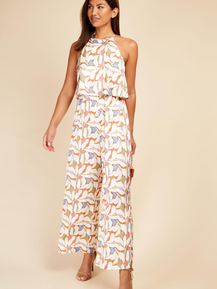 Little Mistress White Multi Print Overlay Halter Neck Jumpsuit - Image 1 of 4