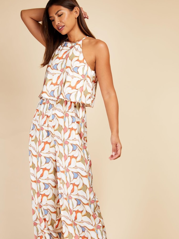 Little Mistress White Multi Print Overlay Halter Neck Jumpsuit - Image 2 of 4