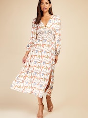 Little Mistress White Multi Long Sleeved V Neck Midaxi Dress - Image 1 of 4