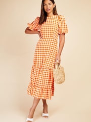 Little Mistress Orange Puff Sleeve Gingham Midaxi Dress - Image 1 of 4
