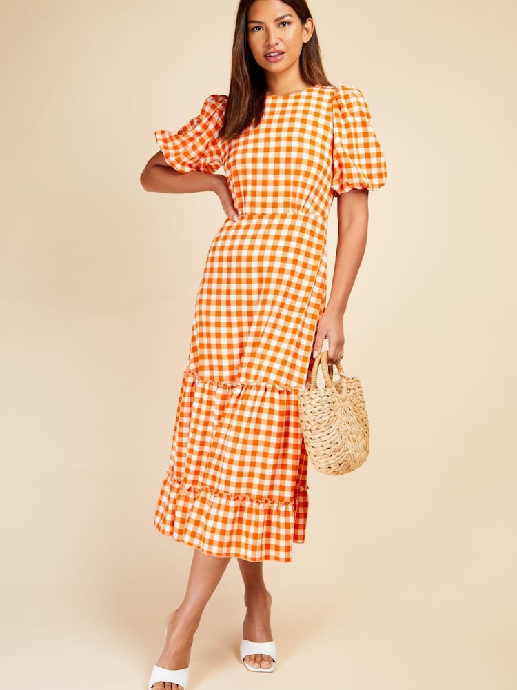 Little Mistress Orange Puff Sleeve Gingham Midaxi Dress - Image 1 of 4