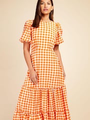 Little Mistress Orange Puff Sleeve Gingham Midaxi Dress - Image 2 of 4
