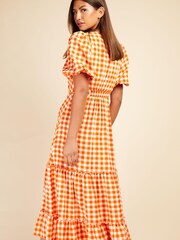 Little Mistress Orange Puff Sleeve Gingham Midaxi Dress - Image 4 of 4
