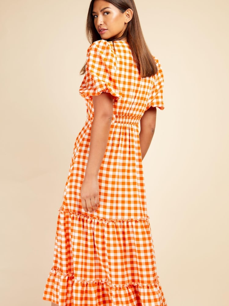 Little Mistress Orange Puff Sleeve Gingham Midaxi Dress - Image 4 of 4