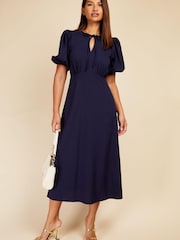 Little Mistress Navy Blue Puff Sleeve Textured Midaxi Dress - Image 1 of 4