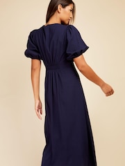 Little Mistress Navy Blue Puff Sleeve Textured Midaxi Dress - Image 4 of 4