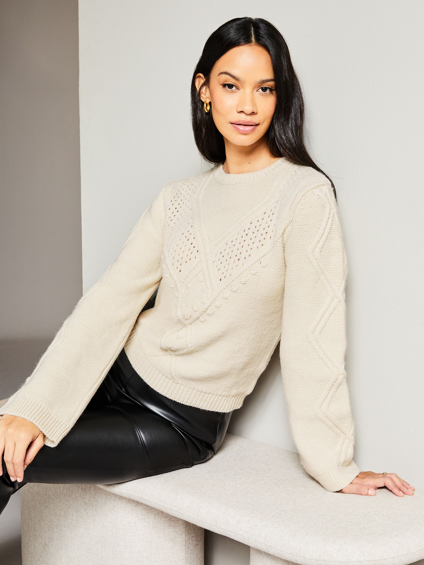 Buy Lipsy Ivory White Petite Stitch Mix Wide Sleeve Knitted Jumper