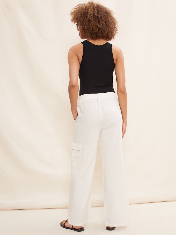 Friends Like These White Linen Look Cargo Pocket Wide Leg Trousers - Image 1 of 4 Friends Like These White Linen Look Cargo Pocket Wide Leg Trousers - Image 1 of 4