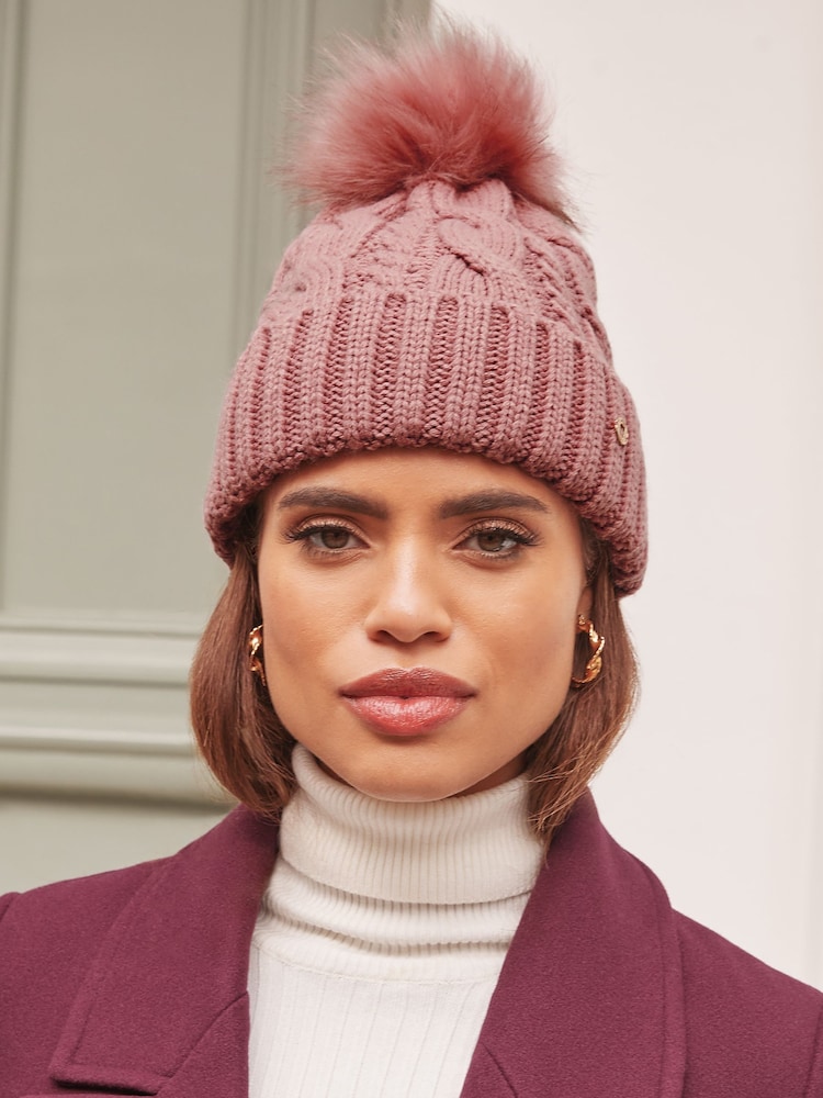 Lipsy Pink Cosy Cable Bobble Hat - Image 1 of 4