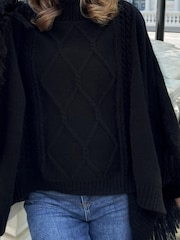 Lipsy Black Super Soft Cosy Roll Neck Cable Knit Poncho - Image 2 of 2