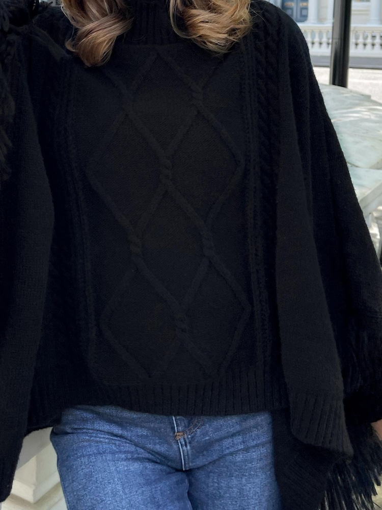 Lipsy Black Super Soft Cosy Roll Neck Cable Knit Poncho - Image 2 of 2