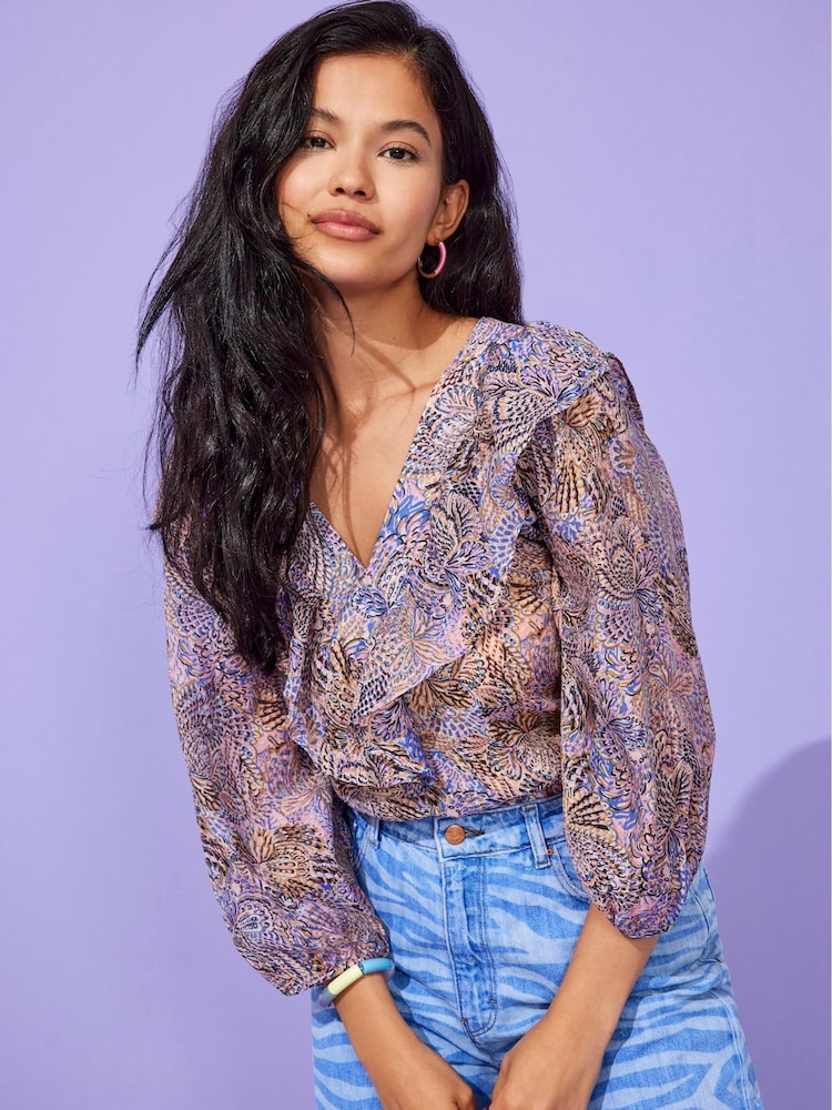 ONLY Blue V Neck Ruffle Blouse - Image 1 of 3