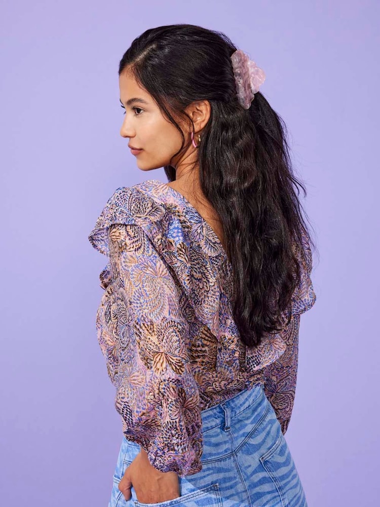 ONLY Blue V Neck Ruffle Blouse - Image 2 of 3