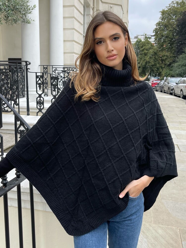 Lipsy Black Cosy Cable Knit Roll Neck Poncho - Image 1 of 4 Lipsy Black Cosy Cable Knit Roll Neck Poncho - Image 1 of 4