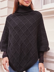 Lipsy Black Cosy Cable Knit Roll Neck Poncho - Image 3 of 4